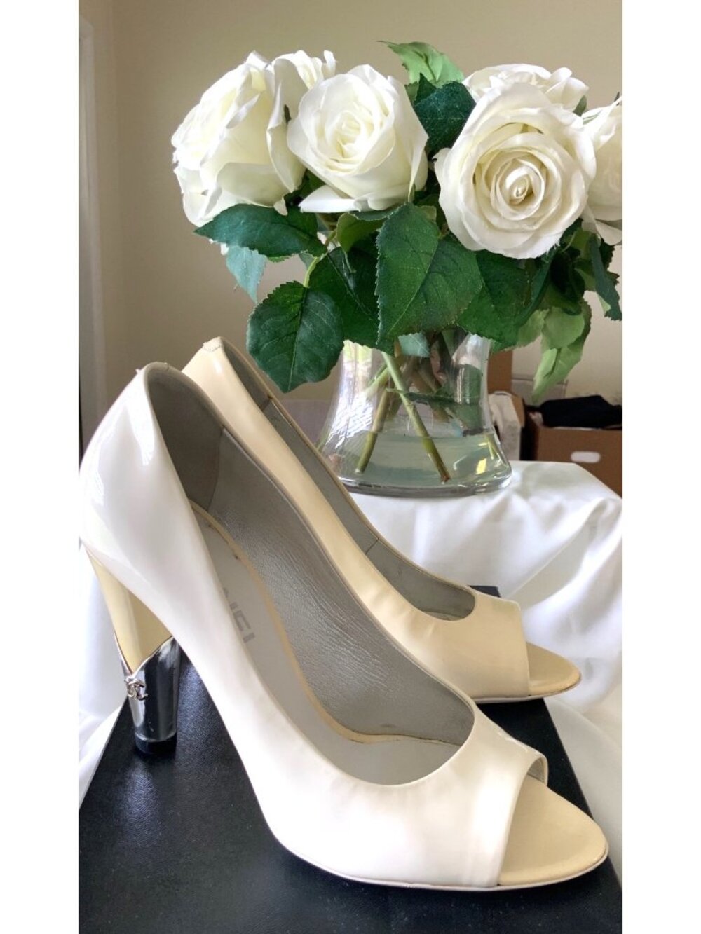 Chanel Ivory Patent Leather Peep Toe Heels With Silver Logo on heels Size 36.5 E